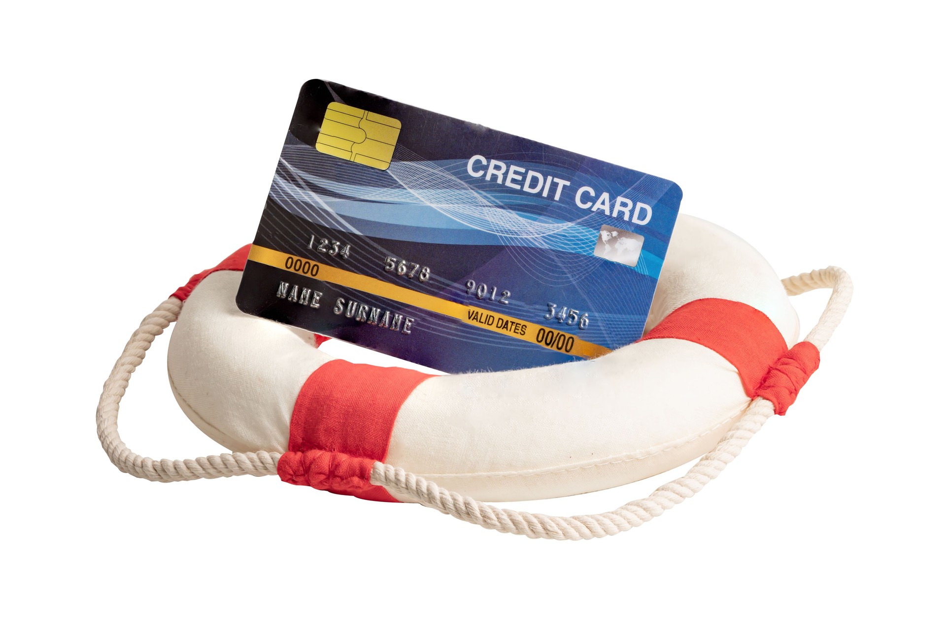 Financial crisis, lifeboat with credit card, assistance and security of finance.